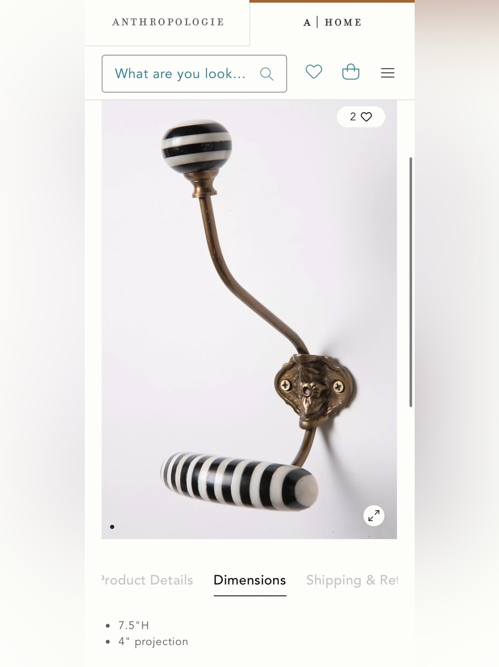 Anthropologie Wall Hook Set of 3 Black and White Striped Bone and Brass Vintage